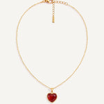 CADUCCI Amore Necklace in gold with a red heart pendant in a smooth bezel and a rectangular tag engraved with the CADUCCI logo