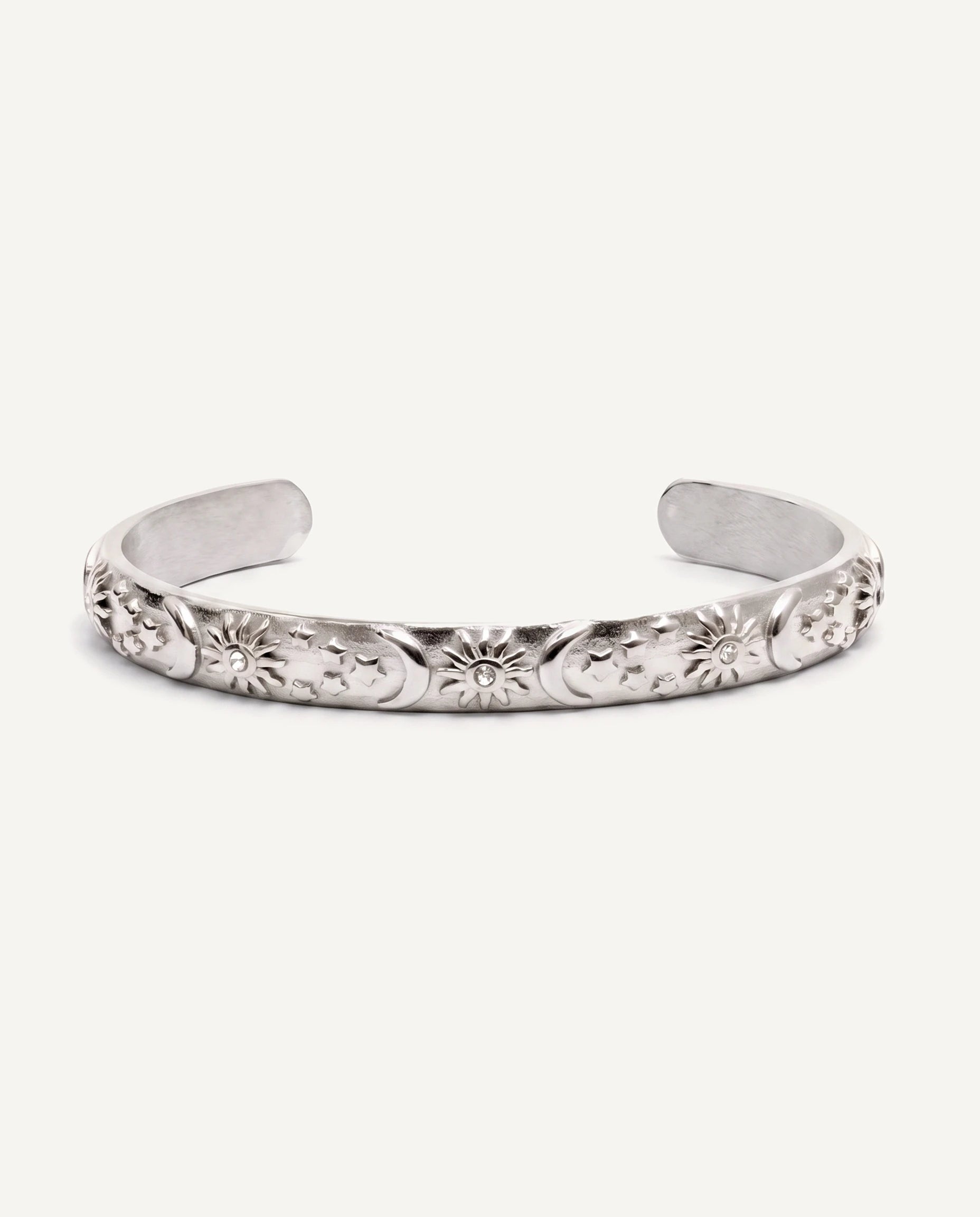 CADUCCI Belluno Bracelet in silver, an open cuff engraved with suns, moons and stars, front view