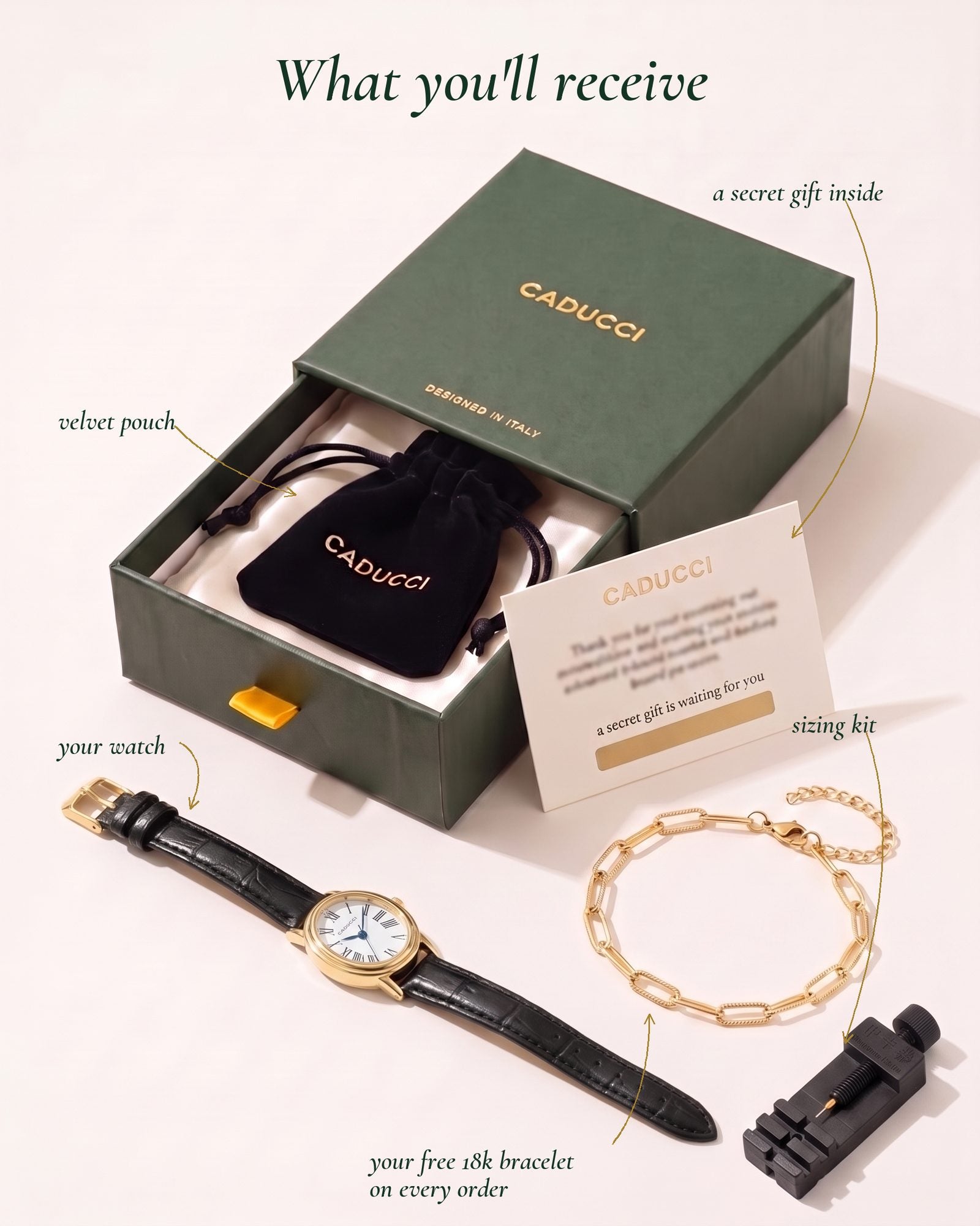 What you'll receive: CADUCCI gift box, your watch, free 18k bracelet, sizing kit, velvet pouch, secret gift card