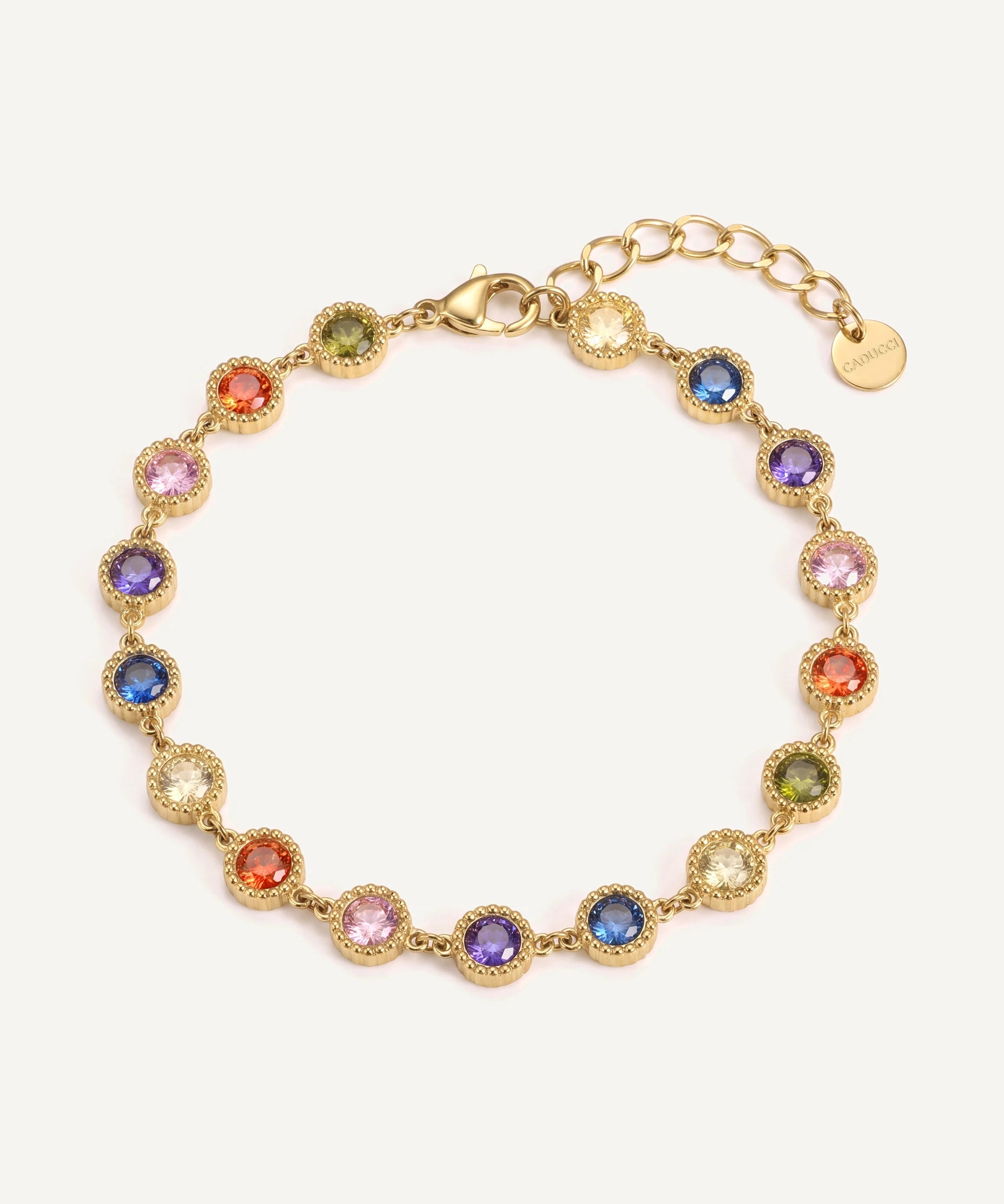 CADUCCI Roma Bracelet in gold with multicolour round stones and a disc tag engraved with the CADUCCI logo