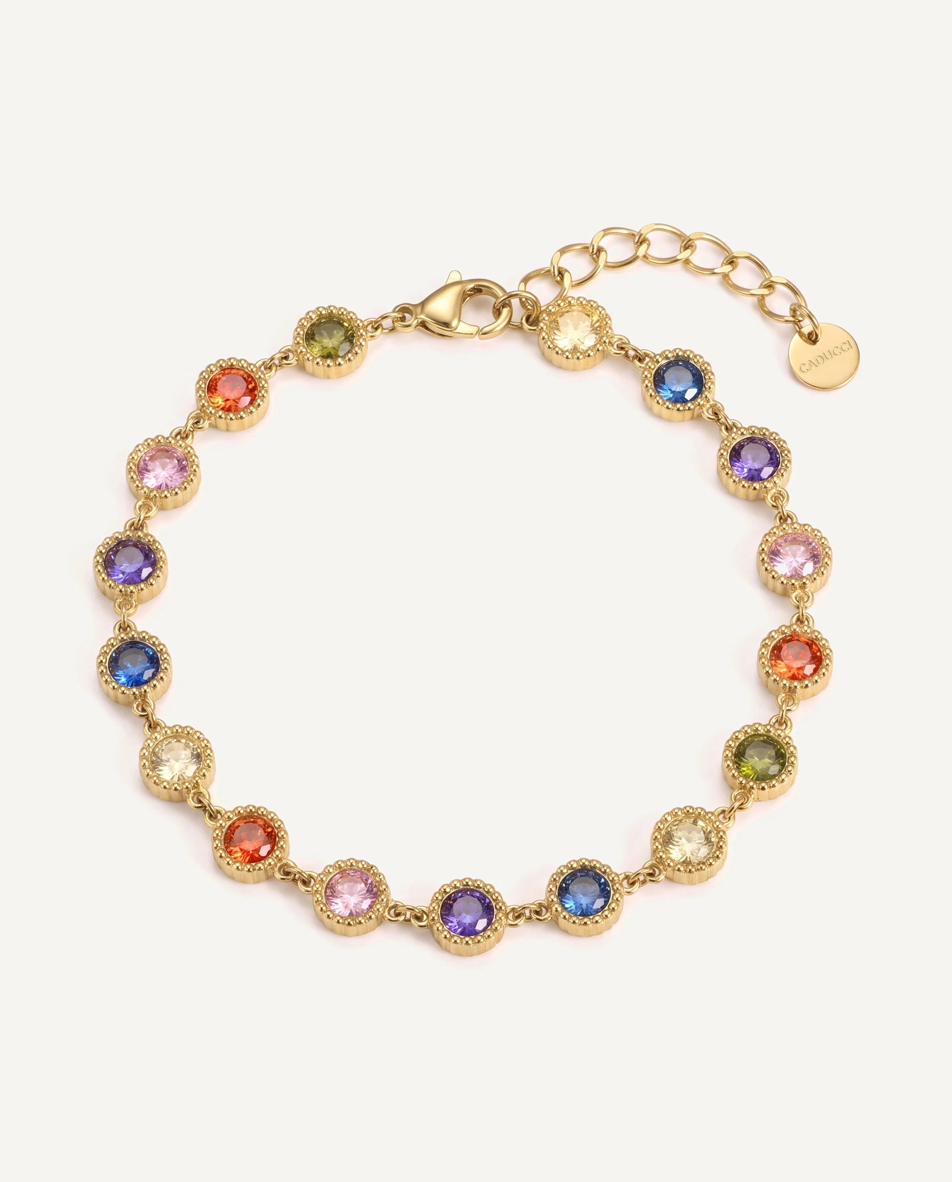 CADUCCI Roma Bracelet in gold with multicolour round stones and a disc tag engraved with the CADUCCI logo