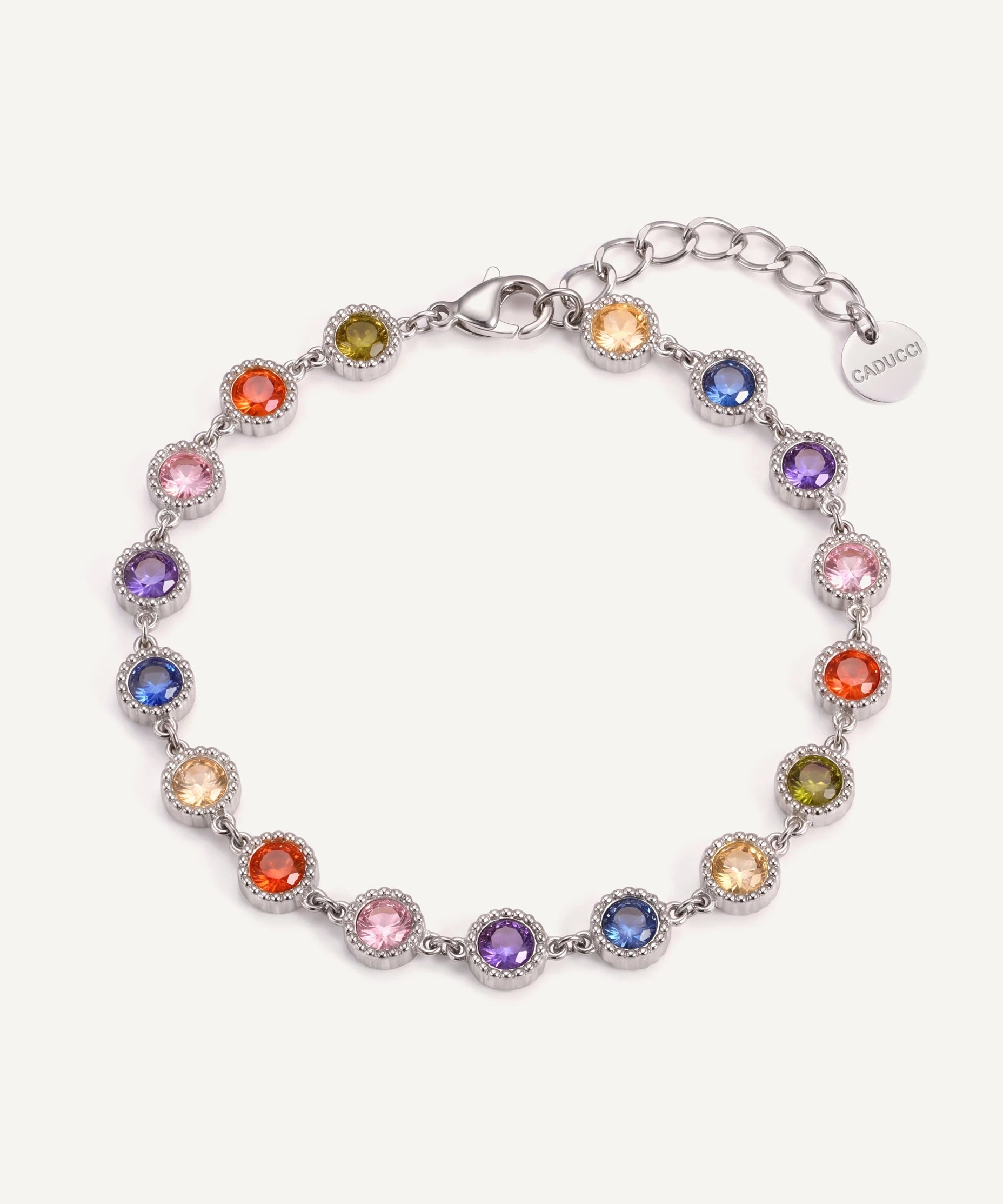 CADUCCI Roma Bracelet in silver with multicolour round stones and a disc tag engraved with the CADUCCI logo