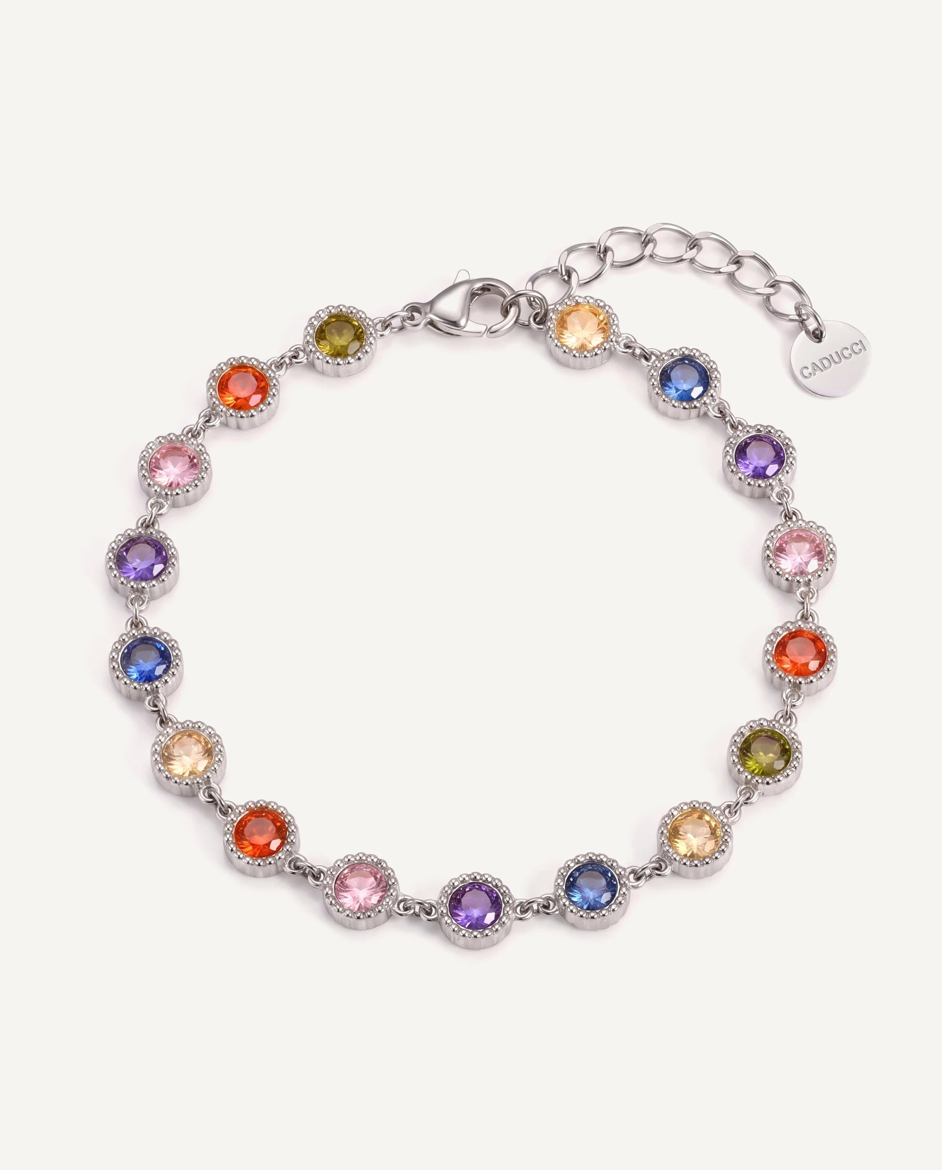 CADUCCI Roma Bracelet in silver with multicolour round stones and a disc tag engraved with the CADUCCI logo